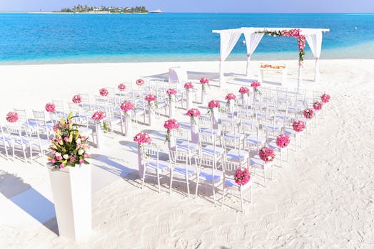 A picturesque beach wedding setup with floral decor and ocean views.