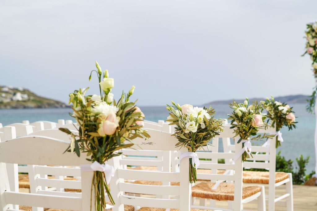 mykonos, wedding, venue, chairs, seats, nature, flowers, beautiful flowers, flower background, decoration, decor, flower wallpaper, beach wedding, greece